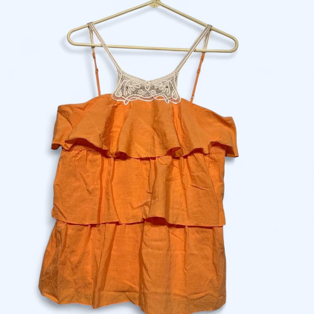 Fall Orange Halloween. Crochet Lace Top Spaghetti Strap Size M